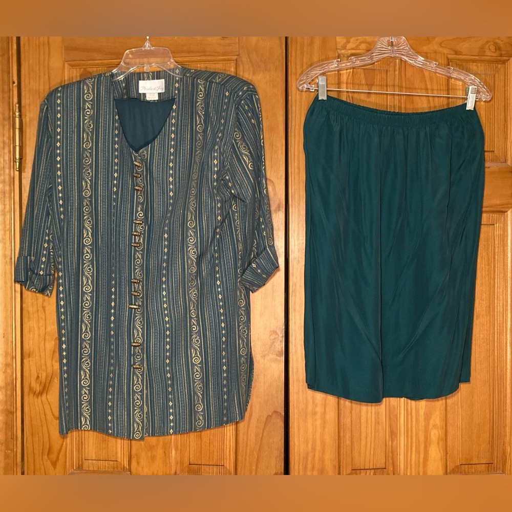 EUC Pride & Joy Vintage 80s Midi Skirt Blouse Set Career Green Gold Size 12